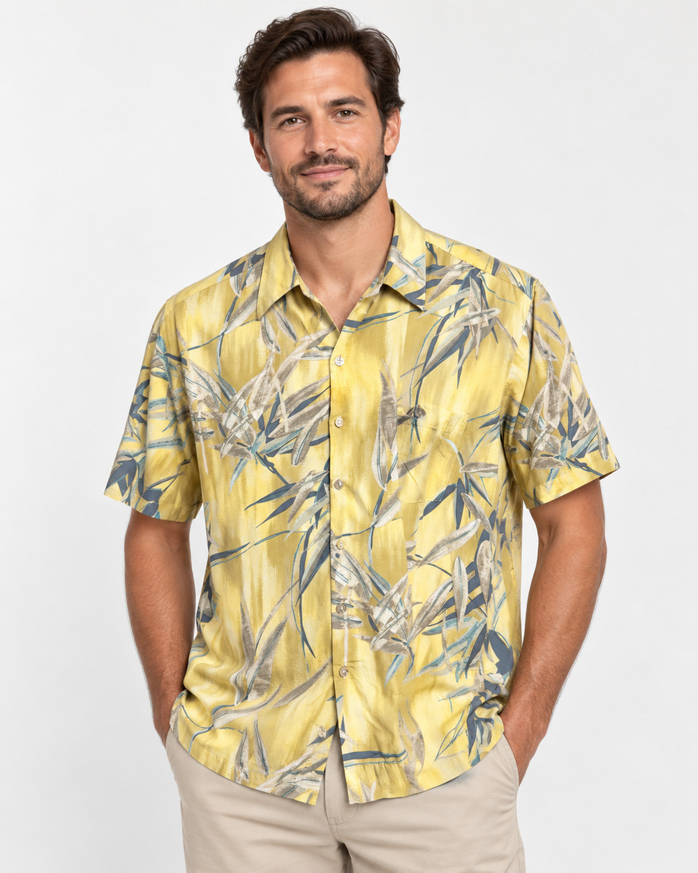 Tori Richard Mens L Hawaiian Shirt Yellow Bamboo Tropical Aloha Button Up